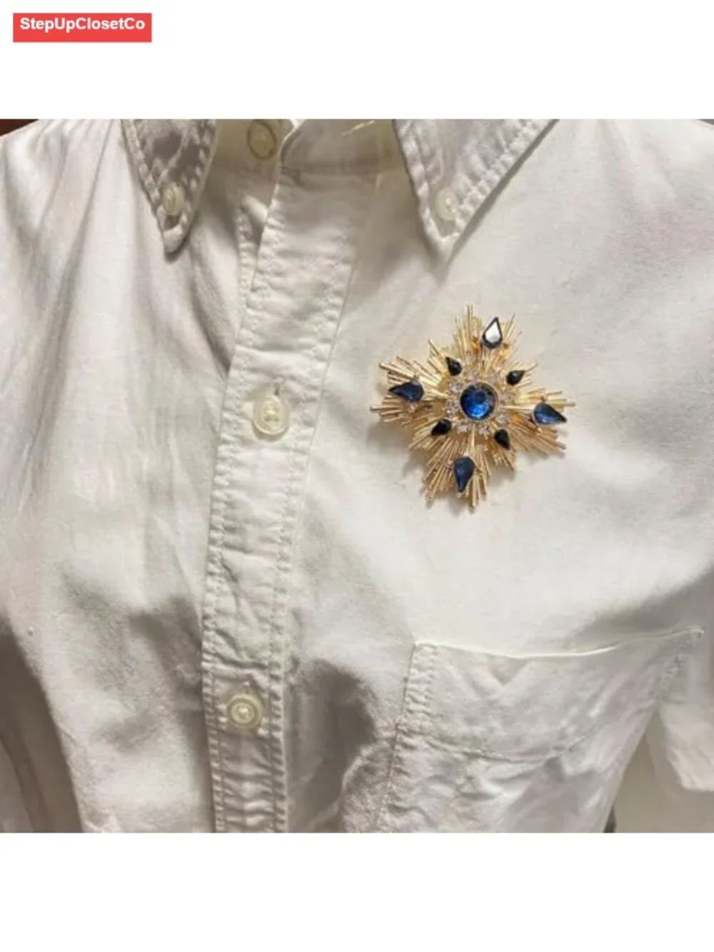 Gold Tone Starburst Statement Brooch with Yellow Center Stone and Crystals for